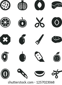 Solid Black Vector Icon Set - scissors vector, mark of injury, arm saw, knife, stationery, cheese, pizza, piece meat, half pomegranate, plum, mango, peach, melon, cherry, passion fruit, juicy lemon