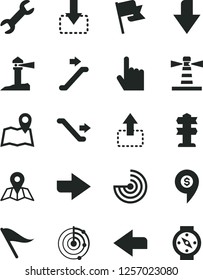 Solid Black Vector Icon Set - downward direction vector, right, left, wind indicator, index finger, map, flag, move up, down, lighthouse, coastal, repair, radar, dollar pin, escalator, signpost