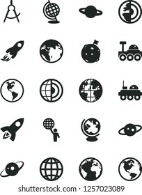 Solid Black Vector Icon Set - sign of the planet vector, earth, scribed compasses, space rocket, globe, core, saturn, lunar rover, man hold world, flag on moon