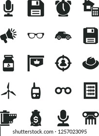 Solid Black Vector Icon Set - desktop microphone vector, floppy disk, hat, camera roll, new abacus, toy mobile phone, estimate, alarm clock, jar of jam, windmill, retro car, vintage sign, glasses