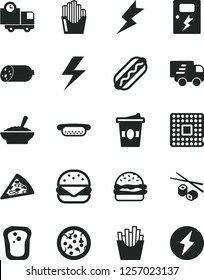 Solid Black Vector Icon Set - lightning vector, dangers, delivery, sausage, pizza, piece of, Hot Dog, mini, big burger, a bowl buckwheat porridge, French fries, fried potato slices, coffe to go