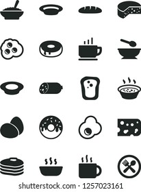 Solid Black Vector Icon Set - deep plate with a spoon vector, coffee, sausage, piece of cheese, eggs, loaf, cake hole, glazed, bowl buckwheat porridge, in saucepan, hot, milk, cup tea, fried egg