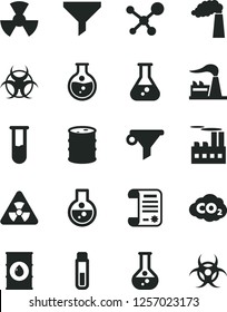 Solid Black Vector Icon Set - round flask vector, manufacture, factory, oil, barrel, industrial building, radiation, carbon dyoxide, filter, water, research article, test tube, molecule, nuclear