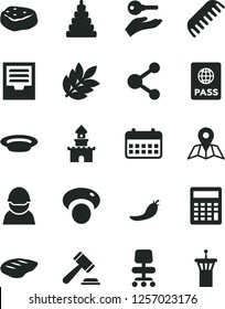 Solid Black Vector Icon Set - hammer of a judge vector, calculator, archive, comb, stacking toy, map, passport, plate, chop, piece meat, red pepper, mashroom, racer, connection, calendar, chair