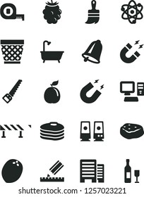 Solid Black Vector Icon Set - wicker pot vector, arm saw, measuring tape, wooden paint brush, bath, buildings, drawing, road fence, bell, piece of meat, pancakes, blackberry, guava, coconut, atom