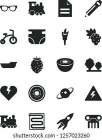 Solid Black Vector Icon Set - danger of electricity vector, graphite pencil, scribbled paper, nappy, bath, children's train, child bicycle, heating coil, broken heart, grape, tasty raspberry, kiwi