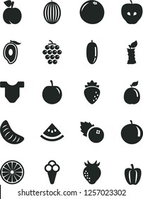 Solid Black Vector Icon Set - Child T shirt vector, cone, blueberries, peach, large grape, tasty apple, raspberry, strawberry, melon, half of mango, date fruit, tangerine, slice, plum, orange, guava