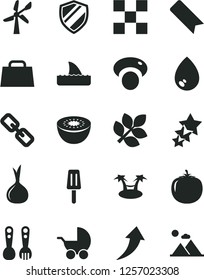 Solid Black Vector Icon Set - bookmark vector, spectacles, baby stroller, plastic fork spoons, tile, drop, popsicle, kiwi, persimmon, onion, mashroom, wind energy, hand bag, biology, arrow up