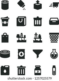 Solid Black Vector Icon Set - wicker pot vector, bin, baby powder, dust, drawer, bag with handles, unpacking, canned goods, tin, coffe to go, jar of jam, sea port, commercial seaport, round flask
