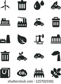 Solid Black Vector Icon Set - bin vector, dust, bag with handles, working oil derrick, leaf, windmill, manufacture, hydroelectric station, hydroelectricity, industrial building, thermal power plant