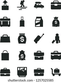 Solid Black Vector Icon Set - briefcase vector, paper bag, portfolio, suitcase, case, package, a glass of tea, money, dollars, hand, car baggage, backpacker, passenger, rolling