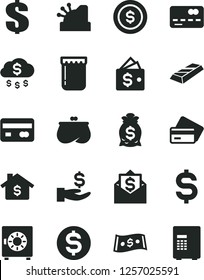 Solid Black Vector Icon Set - dollar vector, strongbox, jam, reverse side of a bank card, front the, denomination, get wage, purse, cashbox, gold bar, money rain, coin, mortgage, bag, wallet, mail