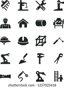 Solid Black Vector Icon Set - house vector, builder, building trowel, concrete mixer, small tools, adjustable wrench, construction level, helmet, spatula, tower crane, pipe, welding, gas, assembly