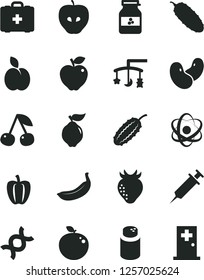 Solid Black Vector Icon Set - toys over the cradle vector, powder, medical bag, cucumber, jar of jam, apple, cherry, quince, red, tasty, strawberry, banana, delicious, Bell pepper, beans, atom, dna