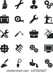 Solid Black Vector Icon Set - monitor window vector, gears, trowel, small tools, measuring tape, plastic brush, plummet, spatula, employee, case, suitcase, coal mining, gear, tower crane, welding