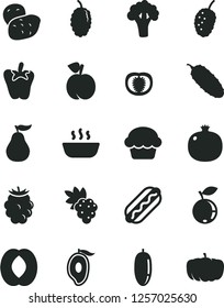 Solid Black Vector Icon Set - Hot Dog vector, cake, porridge, cucumber, peper, peach, pomegranate, grape, blackberry, blueberry, mulberry, tasty, half of mango, date fruit, ripe guava, tomato