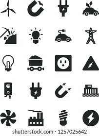 Solid Black Vector Icon Set - incandescent lamp vector, saving light bulb, boiler, marine propeller, coal mining, windmill, hydroelectric station, power line, plug, electric, socket, car, magnet