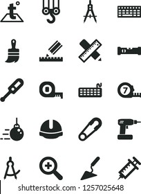 Solid Black Vector Icon Set - zoom vector, safety pin, electronic thermometer e, winch hook, big core, building trowel, cordless drill, measuring tape, long meashuring, wooden paint brush, drawing
