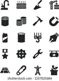 Solid Black Vector Icon Set - safety pin vector, tower crane, winch hook, trowel, paving slab, kitchen faucet, hammer with claw, coins, tin, soda can, barrel, power line, gear, horseshoe magnet