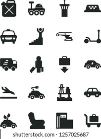 Solid Black Vector Icon Set - Baby chair vector, motor vehicle, Kick scooter, car, sea port, modern gas station, canister, environmentally friendly transport, electric, Express delivery, lunar rover