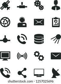 Solid Black Vector Icon Set - monitor window vector, employee, screen, big data, phone call, operator, artificial satellite, gears, connection, statistical overview, network, connect, wireless, mail