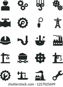 Solid Black Vector Icon Set - winch hook vector, sewerage, construction helmet, plummet, gear, star, oil derrick, valve, factory, power line, industrial building, gears, builder, tower crane, repair