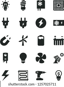 Solid Black Vector Icon Set - lightning vector, matte light bulb, drill, saving, heating coil, boiler, fan screw, charge level, big solar panel, wind energy, battery, plug, electric, processor, idea