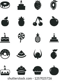 Solid Black Vector Icon Set - birthday cake vector, muffin, torte, with a hole, glazed, lollipop, pineapple, cherry, quince, apricot, tasty raspberry, half of mango, delicious apple, ripe, physalis