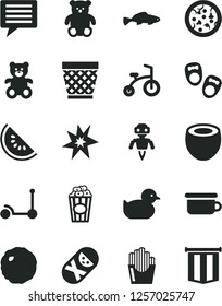 Solid Black Vector Icon Set - image of thought vector, wicker pot, baby duckling, tumbler, children's potty, teddy bear, small, child bicycle, Kick scooter, shoes for little children, pizza, cabbage