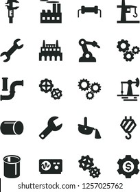 Solid Black Vector Icon Set - repair key vector, hook, gears, working oil derrick, water pipes, industrial building, factory, tower crane, pipe, robot welder, caliper, steel production, three