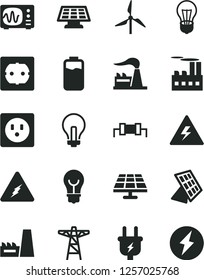 Solid Black Vector Icon Set - danger of electricity vector, incandescent lamp, power socket type f, bulb, charge level, solar panel, windmill, factory, pole, plug, industrial building, thermal plant