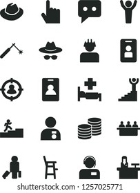 Solid Black Vector Icon Set - hat vector, with glasses, a chair for feeding child, index finger, operator, coins, builder, welding, court hearing, man in sight, think, carrer stairway, winner, medal