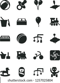 Solid Black Vector Icon Set - toys over the cradle vector, cot, dummy, bath ball, baby, roly poly doll, toy sand set, children's, train, yule, small, rocking horse, colored air balloons, balloon