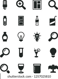 Solid Black Vector Icon Set - matte light bulb vector, incandescent lamp, magnifier, zoom, e, window, interroom door, glass, bottle of soda, jam, mercury, test tube, cocktail, restaurant