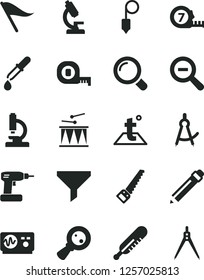 Solid Black Vector Icon Set - graphite pencil vector, zoom out, wind direction indicator, mercury thermometer, drumroll, cordless drill, arm saw, measuring tape, long meashuring, plummet, magnifier