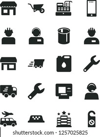 Solid Black Vector Icon Set - repair key vector, workman, building trolley, smartphone, operator, builder, canister of oil, pipes, kiosk, stall, urgent cargo, Express delivery, cash machine, taxi