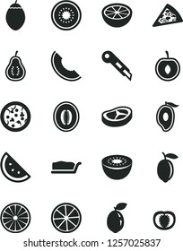Solid Black Vector Icon Set - stationery knife vector, pizza, piece of, cake slice, bacon, orange, melon, half mango, cherry, lemon, kiwi, tamarillo, sour lime, grapefruit, part guava, tomato