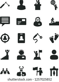 Solid Black Vector Icon Set - image of thought vector, footprints, pass card, operator, welding, gas, woman, man, in sight, conversation, scientist, carrer stairway, winner, hold world, with flag