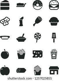 Solid Black Vector Icon Set - sausage vector, piece of cheese, mini hot dog, big burger, cake, slice, glazed with a hole, bowl buckwheat porridge, chicken thigh, lollipop, French fries, popcorn, cup
