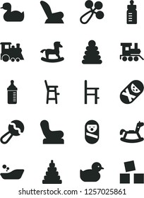 Solid Black Vector Icon Set - feeding bottle vector, measuring for, beanbag, baby rattle, chair, car child seat, rubber duck, duckling, children's bathroom, stacking rings, toy, roly poly doll, a