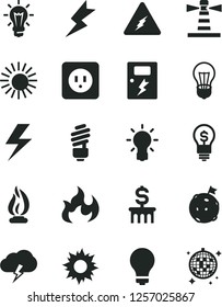 Solid Black Vector Icon Set - lightning vector, matte light bulb, saving, power socket type b, dangers, storm cloud, lighthouse, electricity, flame, flag on moon, dollar column, idea, sun