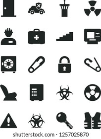 Solid Black Vector Icon Set - warning vector, car child seat, safety pin, open, medical bag, workman, ntrance door, lock, key, strongbox, radiation hazard, autopilot, nuclear, biohazard, stairway