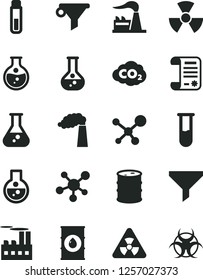 Solid Black Vector Icon Set - round flask vector, manufacture, factory, oil, barrel, industrial building, carbon dyoxide, filter, water, research article, test tube, molecule, nuclear, biohazard