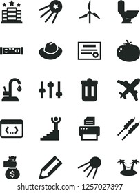 Solid Black Vector Icon Set - hat vector, toilet, building level, kitchen faucet, artificial satellite, barbecue, tomato, windmill, pencil, printer, trash bin, coding, settings, patente, first