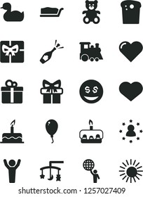 Solid Black Vector Icon Set - heart symbol vector, toys over the cradle, rubber duck, teddy bear, children's train, balloon, cake, gift, Easter, slice, torte, giftbox, man hold world, hands up, sun