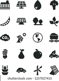 Solid Black Vector Icon Set - saving light bulb vector, drop, pear, mint, delicious apple, peas, broccoli, solar panel, big, leaves, wind energy, planet Earth, hydroelectricity, trees, eco car, sun