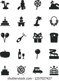 Solid Black Vector Icon Set - colored air balloons vector, birthday cake, Easter, Chupa Chups, lollipop, pumpkin, gift, sand castle, wine, champagne, car baggage, passenger, palm tree, hawaii wreath