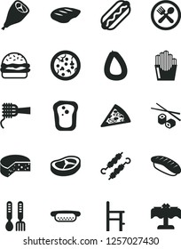 Solid Black Vector Icon Set - a chair for feeding vector, iron fork spoons, stick of sausage, cheese, pizza, piece, Hot Dog, mini, burger, noodles, grill chicken leg, bacon, chop, meat on skewers