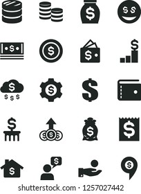 Solid Black Vector Icon Set - purse vector, dollar, coins, column of, financial item, catch a coin, money, cash, rain, mortgage, pedestal, bag, gear, wallet, eyes, growth, dialog, pin