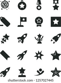 Solid Black Vector Icon Set - bookmark vector, remove label, star, rocket, bang, cup, reward, medal, flag, hero, three stars, flying man, disco ball, starfish